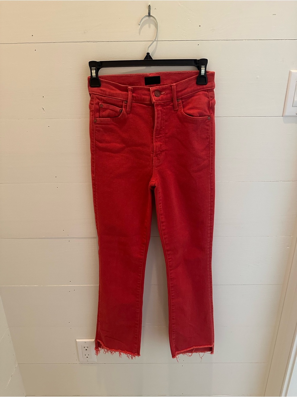 MOTHER Insider Crop Step Fray Jeans in Hot Rod Red